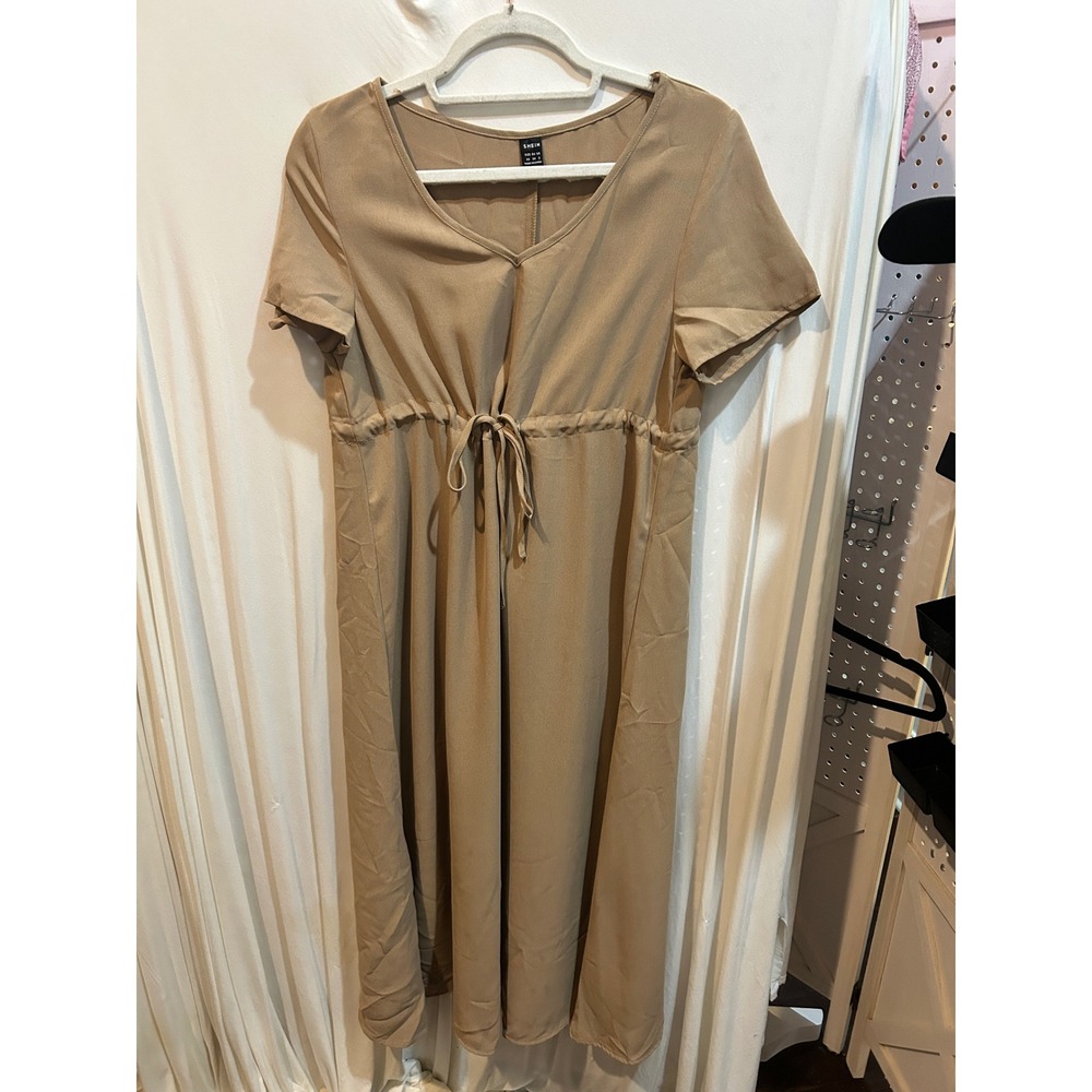 SHEIN Womens XS Beige Short Sleeve V Neck Tie Waist Casual Midi Dress